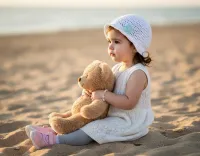 AI generated Golden Sands Teddy Embrace (Girl) - Professional Toddler Portrait Style preview